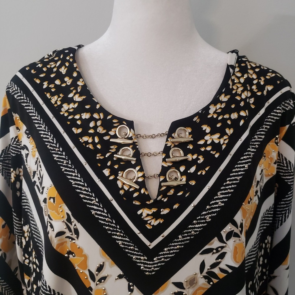 JM Collection Stretchy Tunic Top XL Boho Gold Accents Beads Comfort Office Women